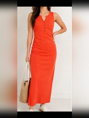Athleta Maxi Dress Sz SP Red Ribbed Sleeveless Ruched Bodycon Stretch Casual